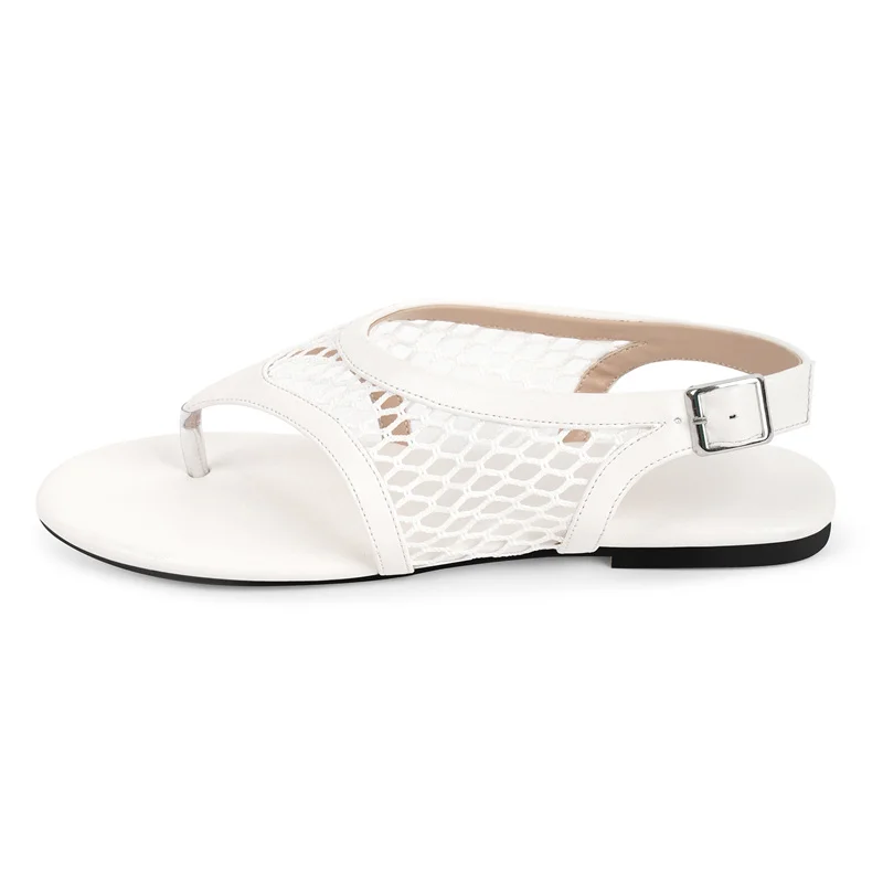 Onlymaker White Mesh Thong Flat Sandals Buckle Slingback Strap Hollow Fishnet Upper Round Toe Slip On Summer Flip Flop Sandals