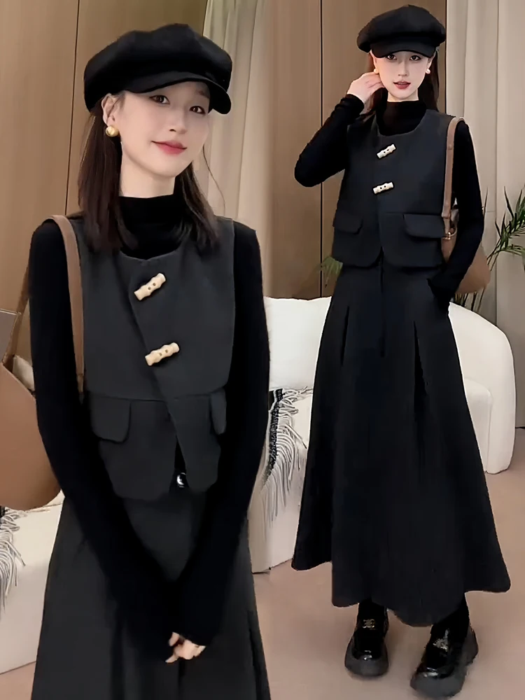 Modny koreański dwuczęściowy zestaw damski na jesień i zimę: spodnie z wysokim stanem i szerokimi nogawkami oraz kamizelka, oddychający strój na co dzień.