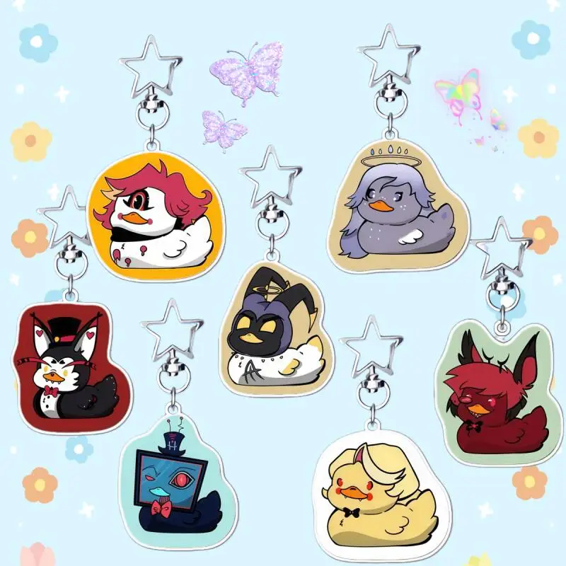 

Акриловый брелок-подвеска для сумки в виде утки в Q-стиле по мотивам аниме-мультфильмов Hazbin Hotel (Хазбин Хотел) с персонажами Хаск, Аластор, Адам, Экзорцист