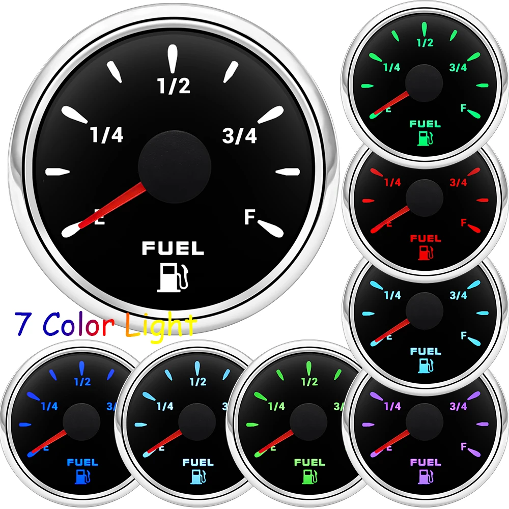 0-190 Ohm Fuel Level Gauge with 7 Color Light 240-33 Ohm Oil Tank Level Meter Indicator 52MM Fuel Gauge for Marine RV Car 12V24V