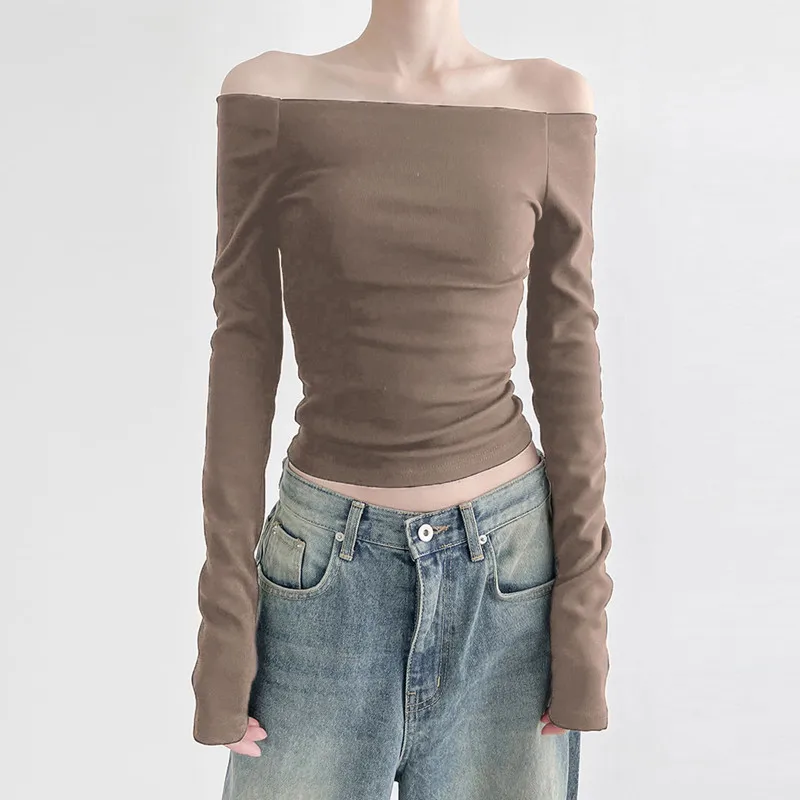 

Black Solid Slash Neck Elegant Long Sleeve Tops Korean Fashion Slim Sexy Cropped T Shirt Women Fall Clothing Outfits T-shirts