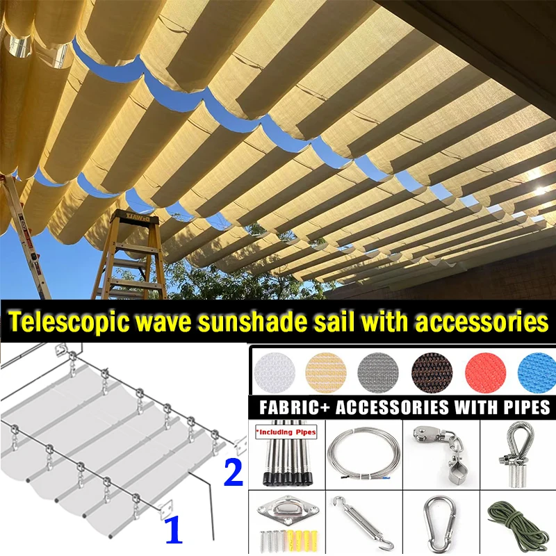 Width 1m~2m Outdoor Telescopic Awning with Installation Kit Rainproof Wave Sun Shade Sail Gazebo Pergolas Wave Sunshade Nets