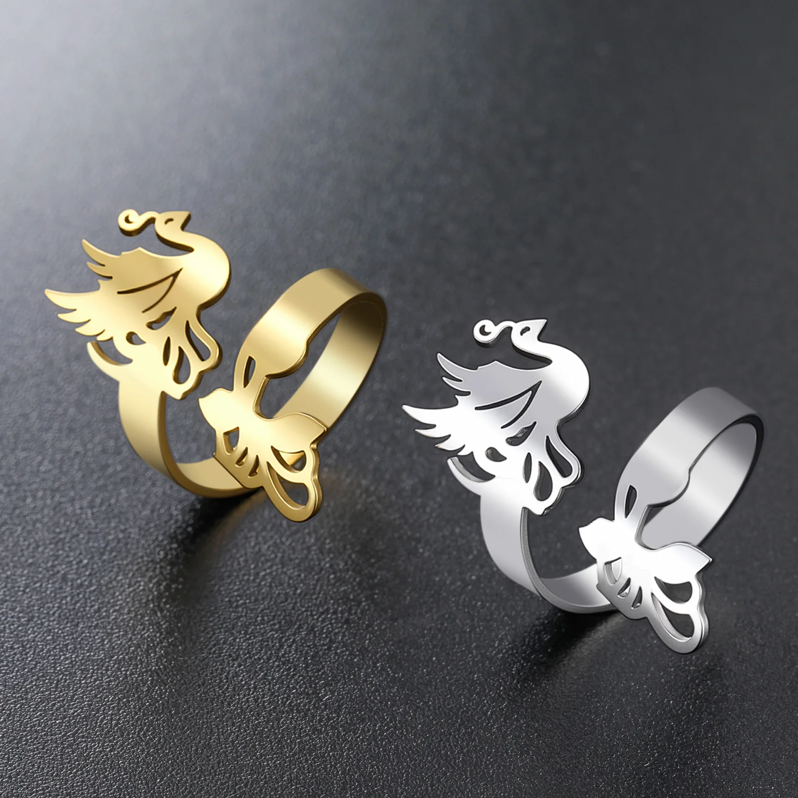 Lemegeton Edelstahl Phönix Offener Ring Eleganter Goldener Phönix Verstellbarer Ring Symbol für Wiedergeburt Ring