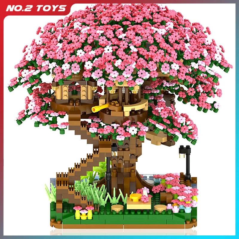 Juego de bloques de construcción modelo Sakura Treehouse para niña adulta, 2008 piezas, bricolaje, creativo, flor de cerezo, casa del árbol, regalo de decoración