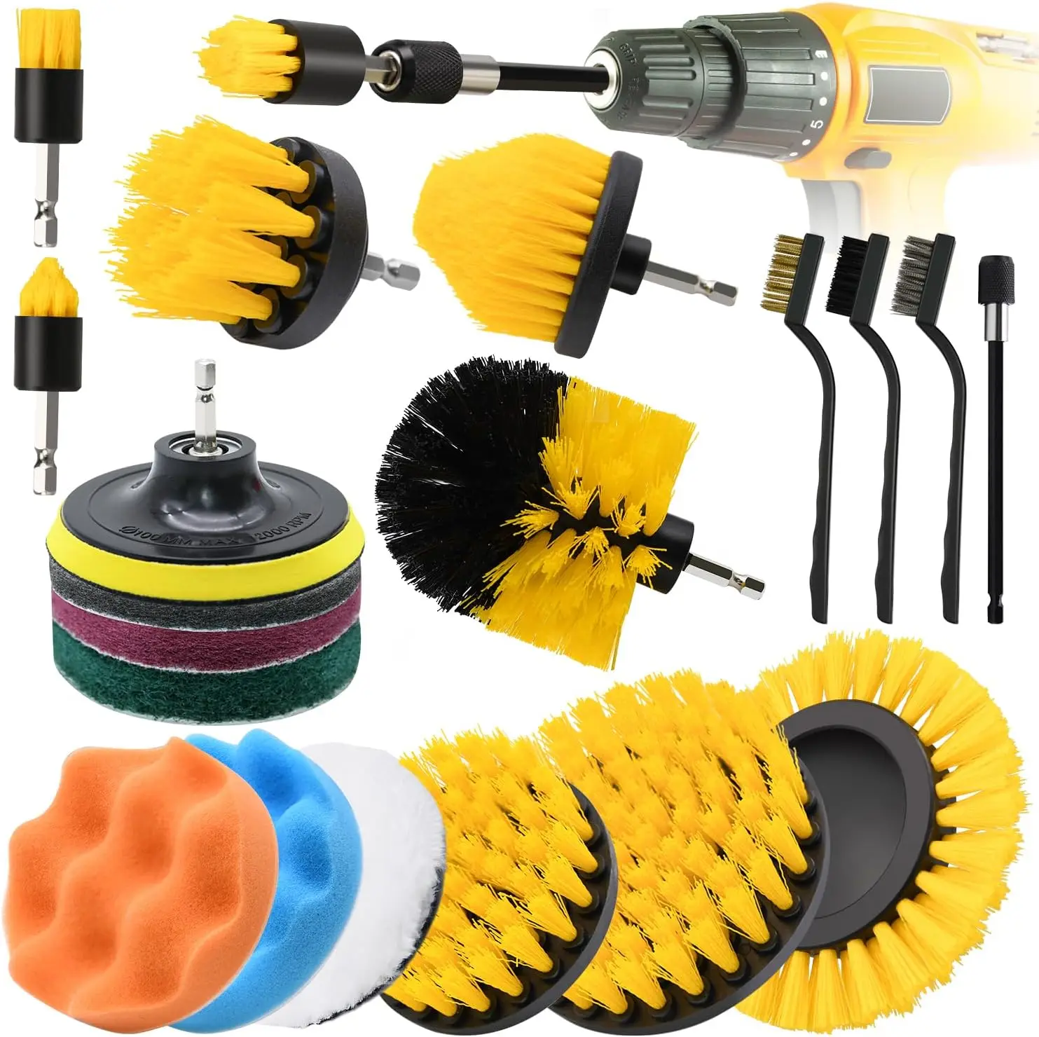 

20 Pcs Yellow Cleaning Brush with 4 Inch Scouring Pad Polishing Pad for Cleaning Car Detailing Wheels Waxing Various Coats