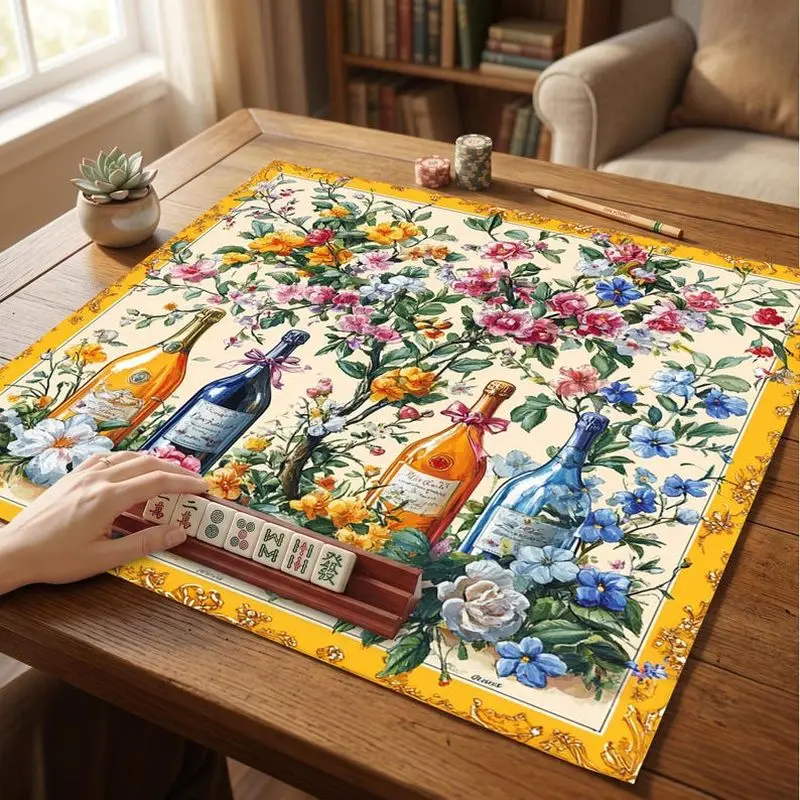 VIKAMA Floral Champagne Bottle Mahjong Mat Non Slip Noise Absorb Pad American Mahjong Poker Desktop Game Cover