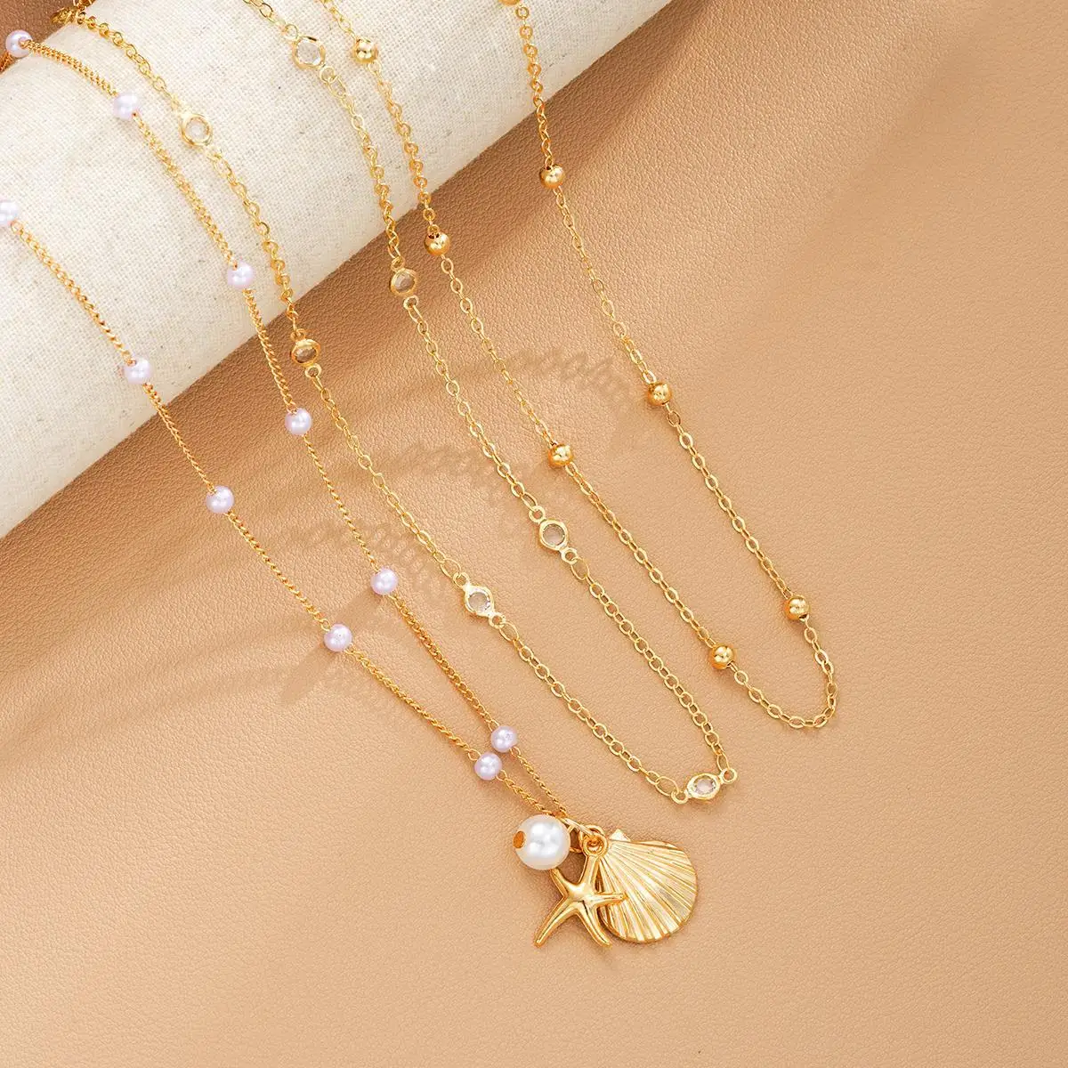 2pcs Set Fashion Boho Gold Color Marine Shell Starfish Pendant Pearl Chain Multi-layer Fold Wear Necklace for Women Jewelry Sets