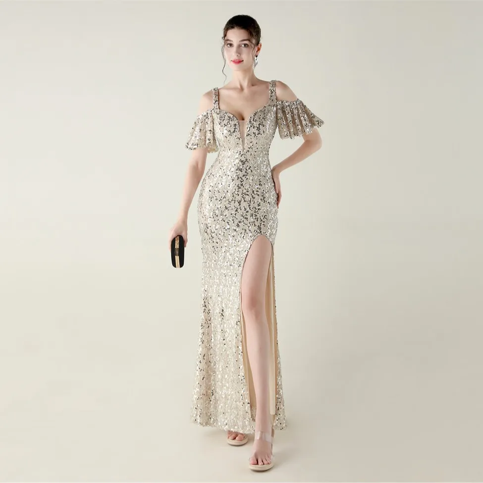 Sexy Elegant Blue Summer Women Sequin Cocktail Prom Evening Dresses Off Shoulder Maxi Bodycon High Slit Sexy Slit Fishtail Dress