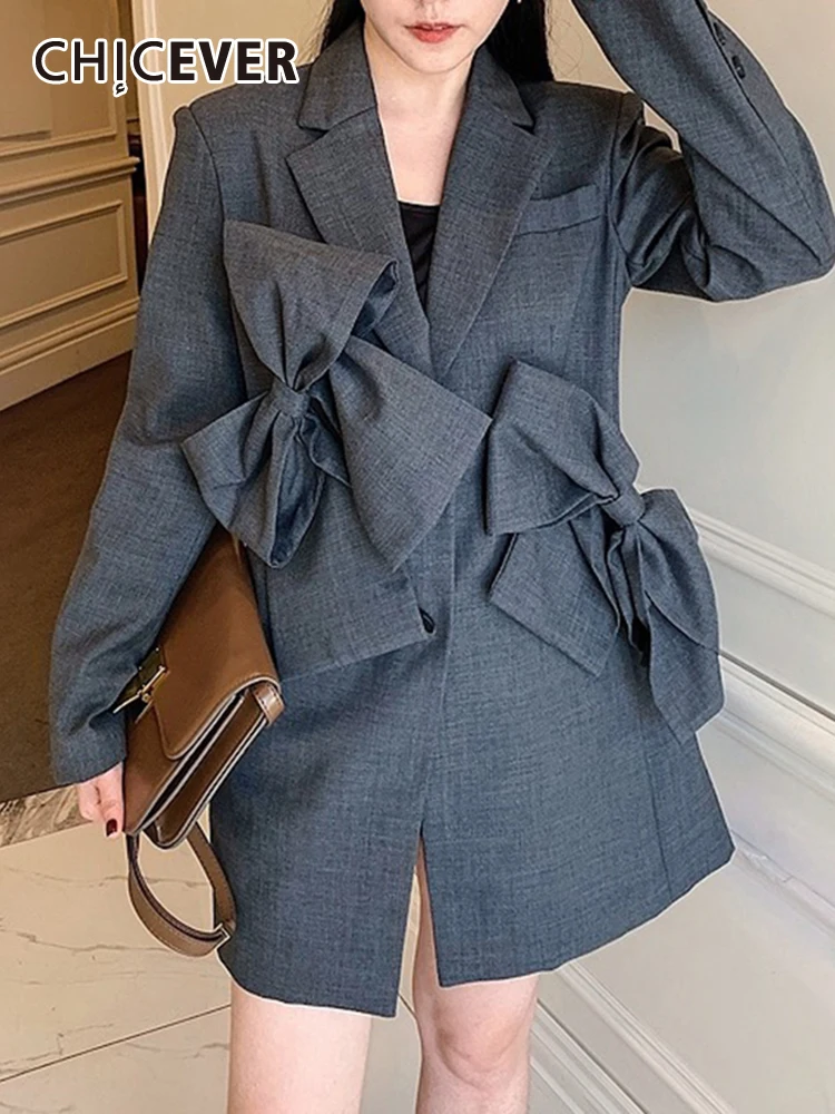 

CHICEVER Korean Patchwork Bowknot Blazer For Women Notched Collar Long Patchwork Pockets Blazers Female Autumn Fashion Clothing