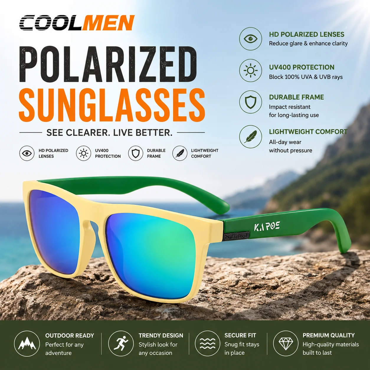 

COOLMEN Sports Polarized Sunglasses UV400 PC Material for Men Women Outdoor Fishing Running Cycling Hiking Driving Sun Glasses