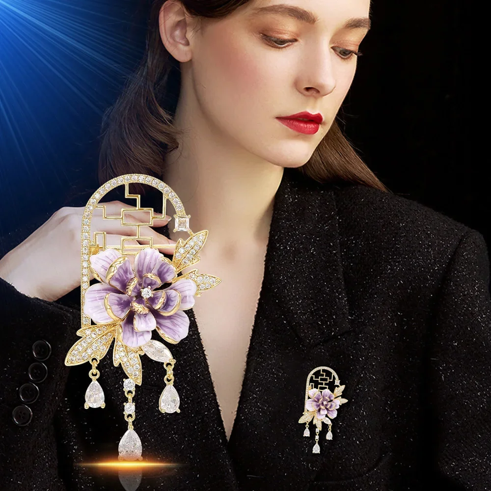 Classical Enamel Peony Flower Brooch Light Luxury Zircon Tassel Brooches Qipao Accessories Pins Chinese Attic Palace Jewelry