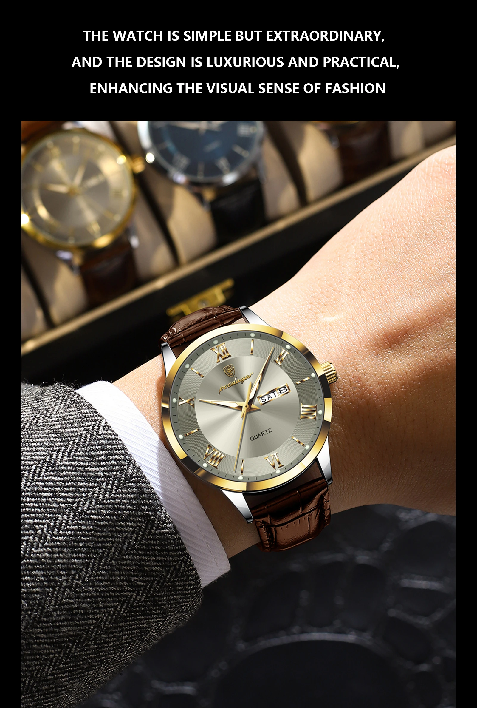 POEDAGAR Original Mode Uhr Für Mann Leder Datum Woche Quarz Männer Uhr Wasserdicht Leucht Business herren Uhren Männlich Reloj – Detail 15
