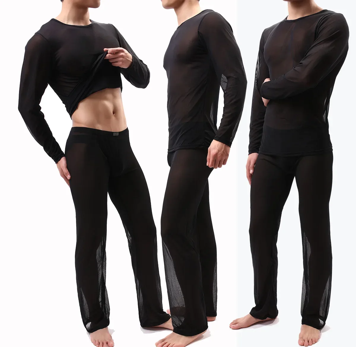 Herren Transparentes Mesh-Loungewear-Set Langarm & Hose 2-Teiliges Outfit Weiche Atmungsaktive Schlafbekleidung für Komfortables Zuhause Nachtwäsche