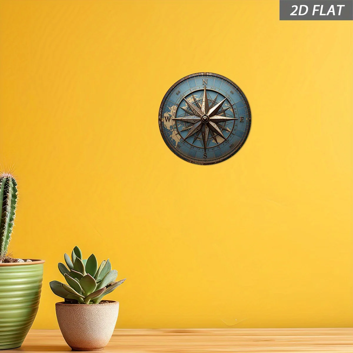 2D Flat - 2D Plane, Vintage Compass Wall Art - Round Wooden Sign with a Retro Frame, Suitable for Rustic Ocean Decor in Homes, B