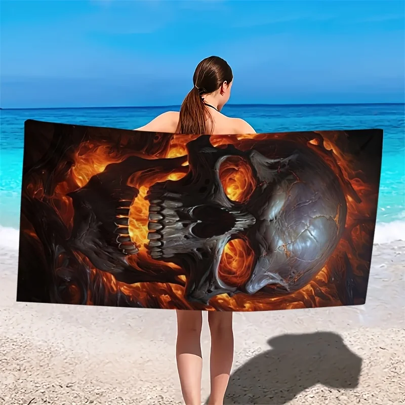Skull Fire Flame Beach Towel Polyester Soft Absorbent Bath Towel Large Size Quick Dry Swimming Pool Surfing Blanket