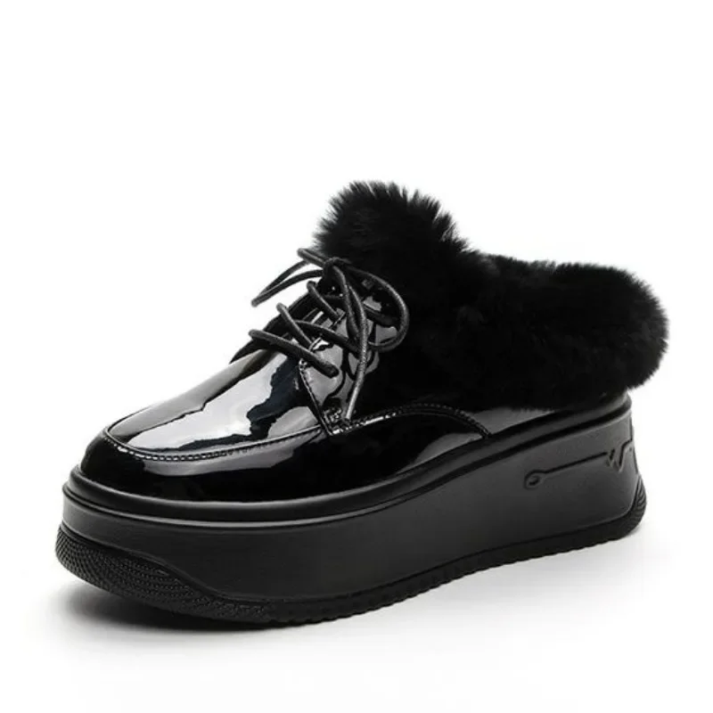 

Новые 6 см лакированные зимние туфли на плоской подошве, осенние плюшевые теплые шлепанцы без шнуровки, шлепанцы на платформе, женская удобная обувь для отдыха, весна