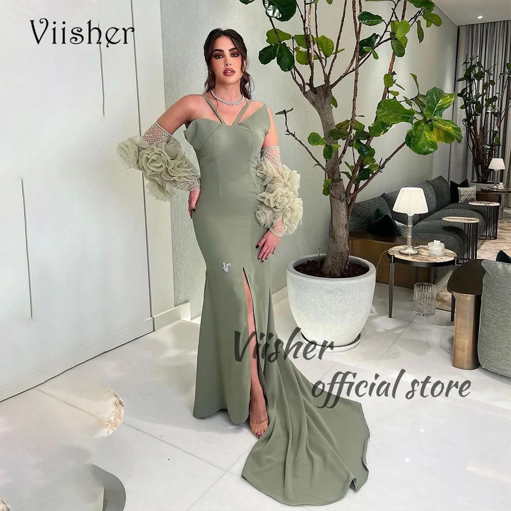 

Viisher Green Mermaid Evening Dresses with Slit Mono Satin Strapless Dubai Arabic Formal Prom Dress with Train Long Evening Gown