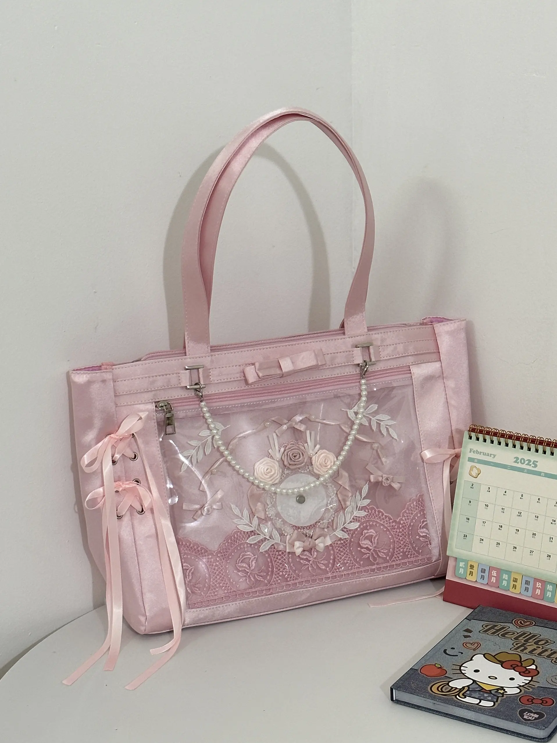 Japanese Original Design, Big Pain Window Ltabag Lolita Women's Tote Bag Ballet Ribbon Large Capacity Shoulder Bag for Soft Girl