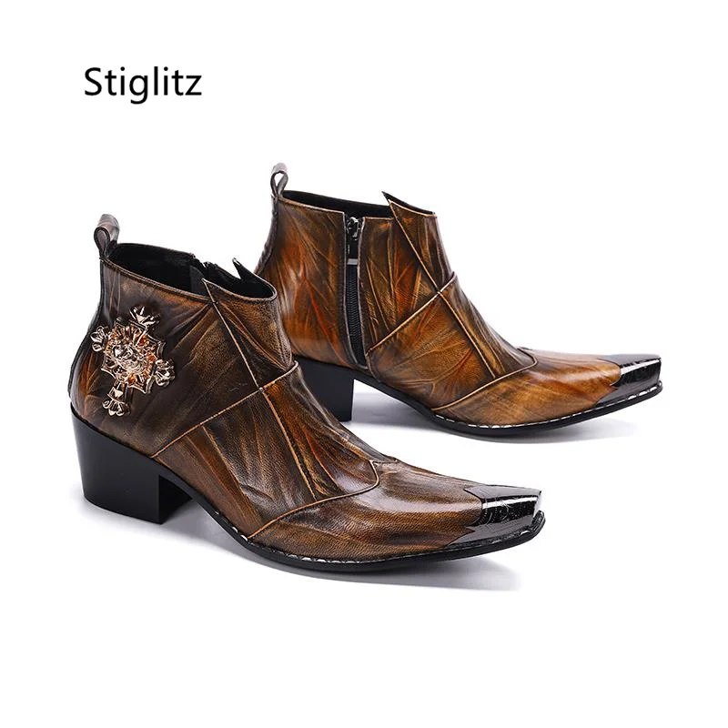 Bronze Genuine Leather Iron Toe Men\'s Chelsea Boots Zipper Metal Decor Pointy Ankle Boots High Heels Party Wedding Male Shoes