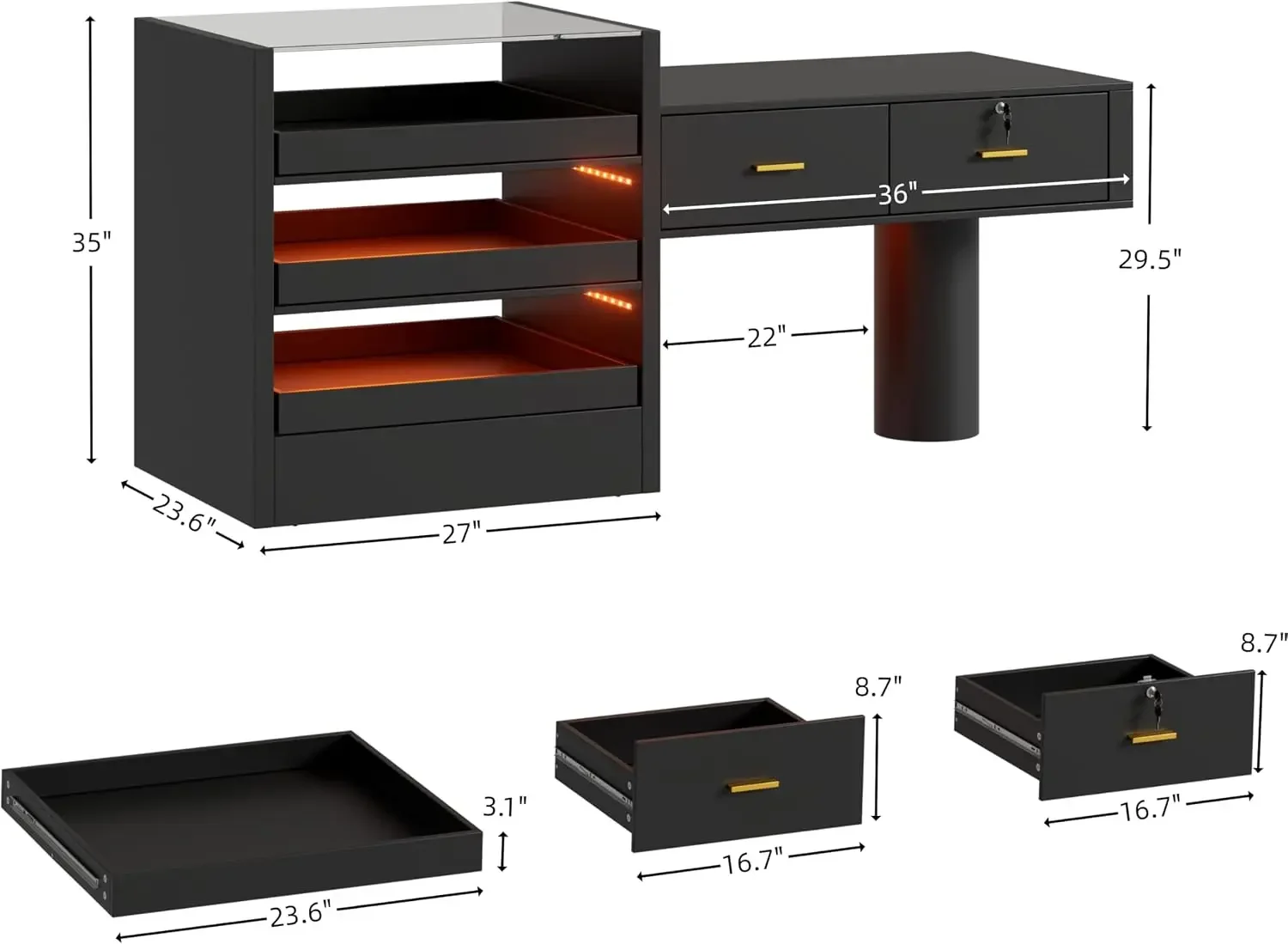 Modern Reception Desk Checkout Counter with LED Light Strips, Glass Display Showcase & Drawers, Retail Desk Jewelry Watch Displa
