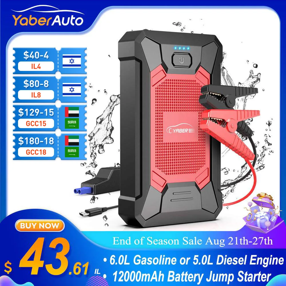 YABER Arrancador de Coches 12000mAh, 1000A Arrancador de Baterias de Coche (para 5.0L de Gasolina o 4.0L de Diesel) de IP68 Impermeable Emergencias