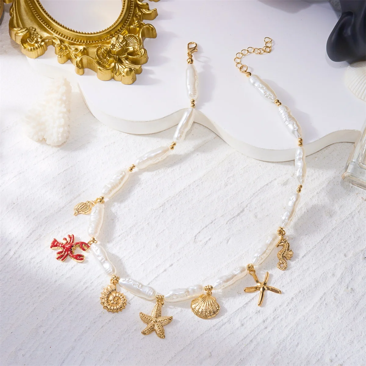 Boho Seestern Muschel Seepferdchen Hummer Anhänger Halskette für Damen und Herren, unregelmäßige Imitationsperle, Ozean-Strand-Choker-Schmuck – Detail 14