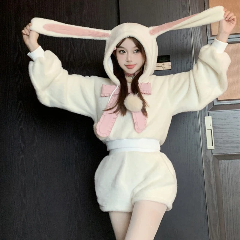 Fall Winter Kawaii Lolita Shorts Set Women Sweet Bunny Ear Hooded Hoodies Cute Plush Ball Shorts Suit Korean Casual 2 Piece Sets