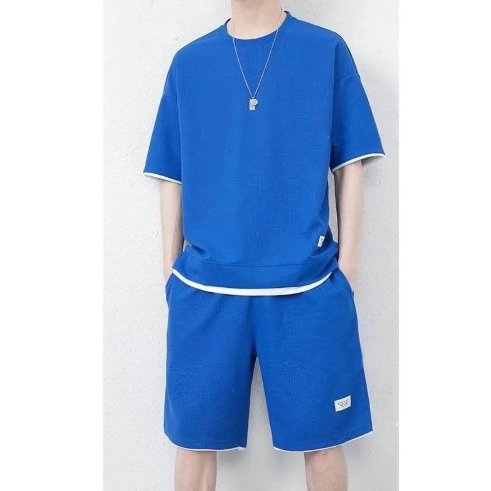 Men Tracksuit Sets Summer New Linen Fabric Tshirt & Shorts Sportwear Suit Fashion Mens Waffle Crewneck Tees Short Pants Outfits