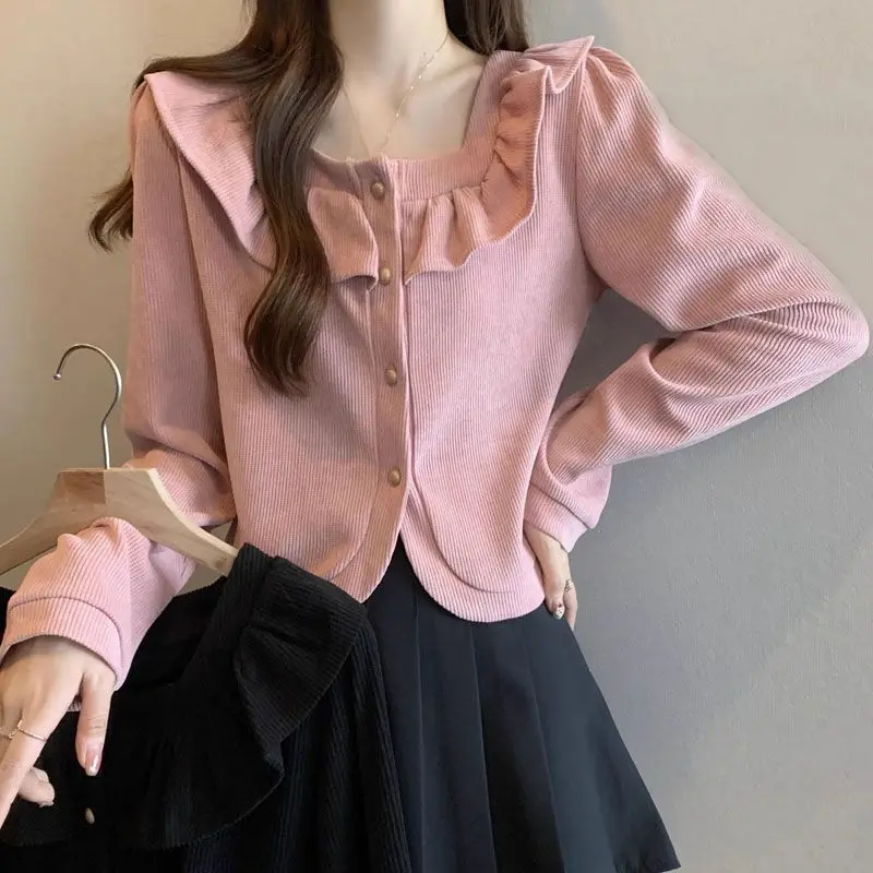 

Gentle Sweet Ruffles Spliced Blouse Spring Autumn French Style Square Collar Women's Clothing Solid Color Single-breasted Shirt