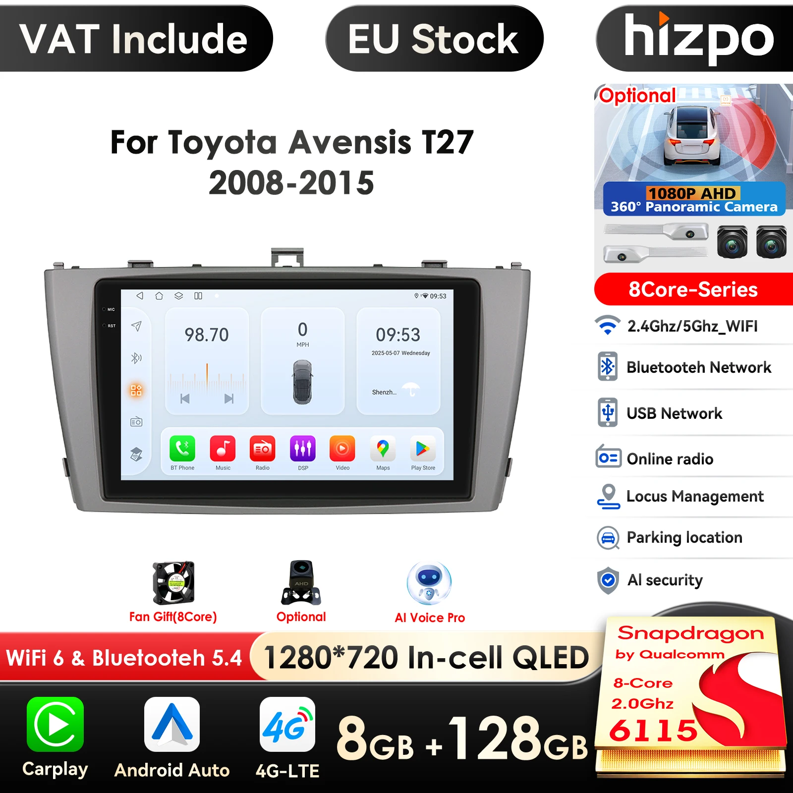 Schermo intelligente 2din Android autoradio lettore Video multimediale per Toyota Avensis T27 2008 - 2015 GPS Nav Carplay Auto 4G RDS