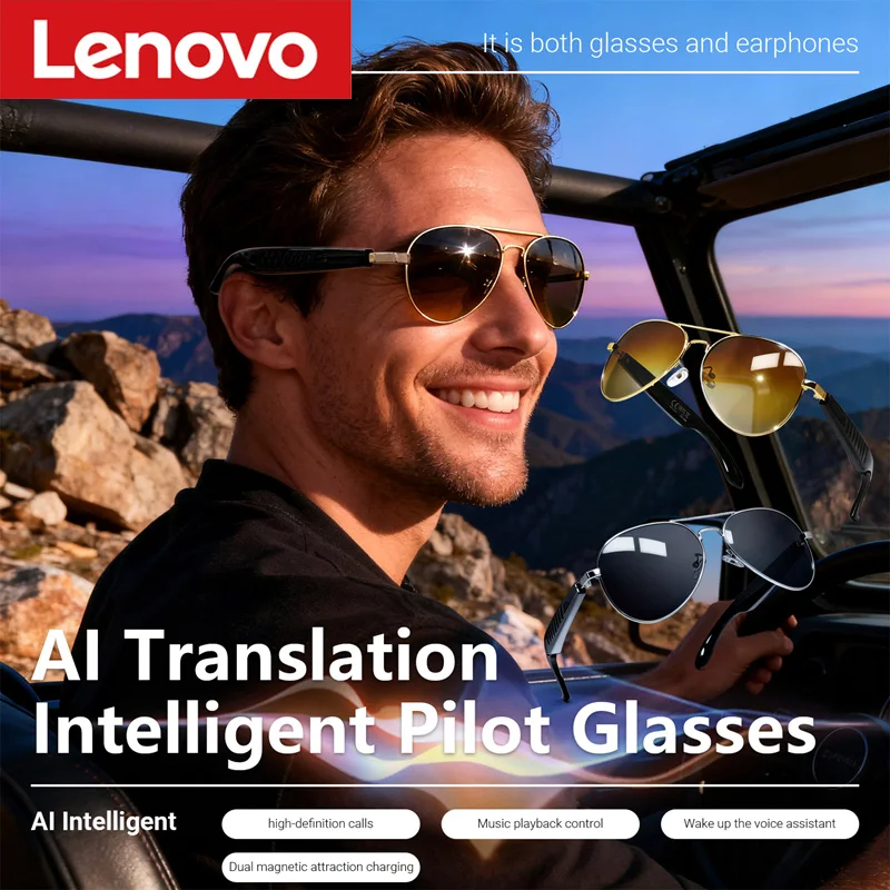 Lunettes de soleil intelligentes Lenovo AI avec audio Bluetooth, traduction en temps réel dans plus de 100 langues, appels mains libres, musique pour les voyages, les affaires et le sport
