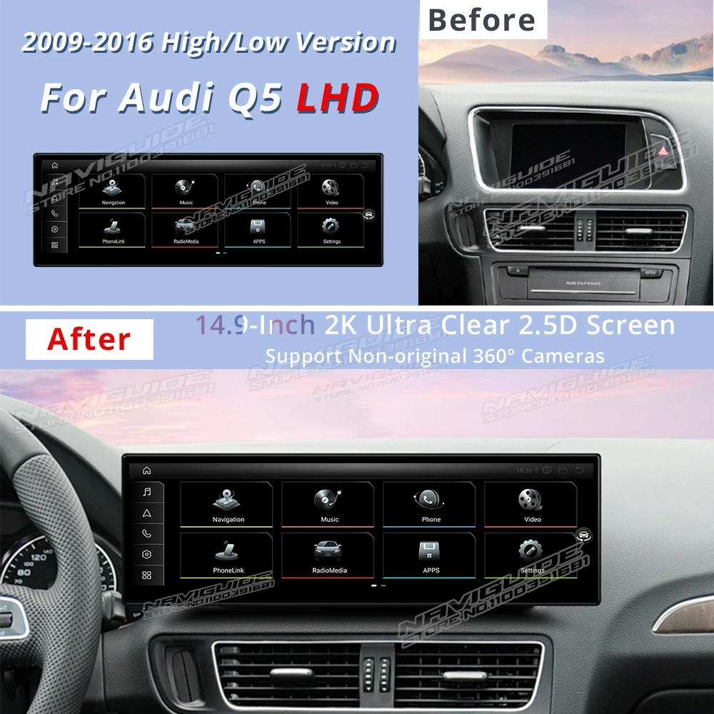 NAVIGUIDE 10.25 ''14.9 ''Android 13 Auto Multimedia Speler Voor Audi Q5 LHD 2009-2016 Navi Carplay Auto scherm Bluetooth WIFI BT