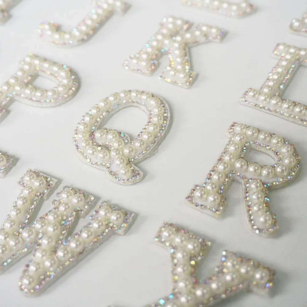 A-Z Pearl Rhinestone English Letter Alphabet Sew Iron On Patch Badge 3D Handmade Letters Patches Bag Hat Jeans Applique DIY