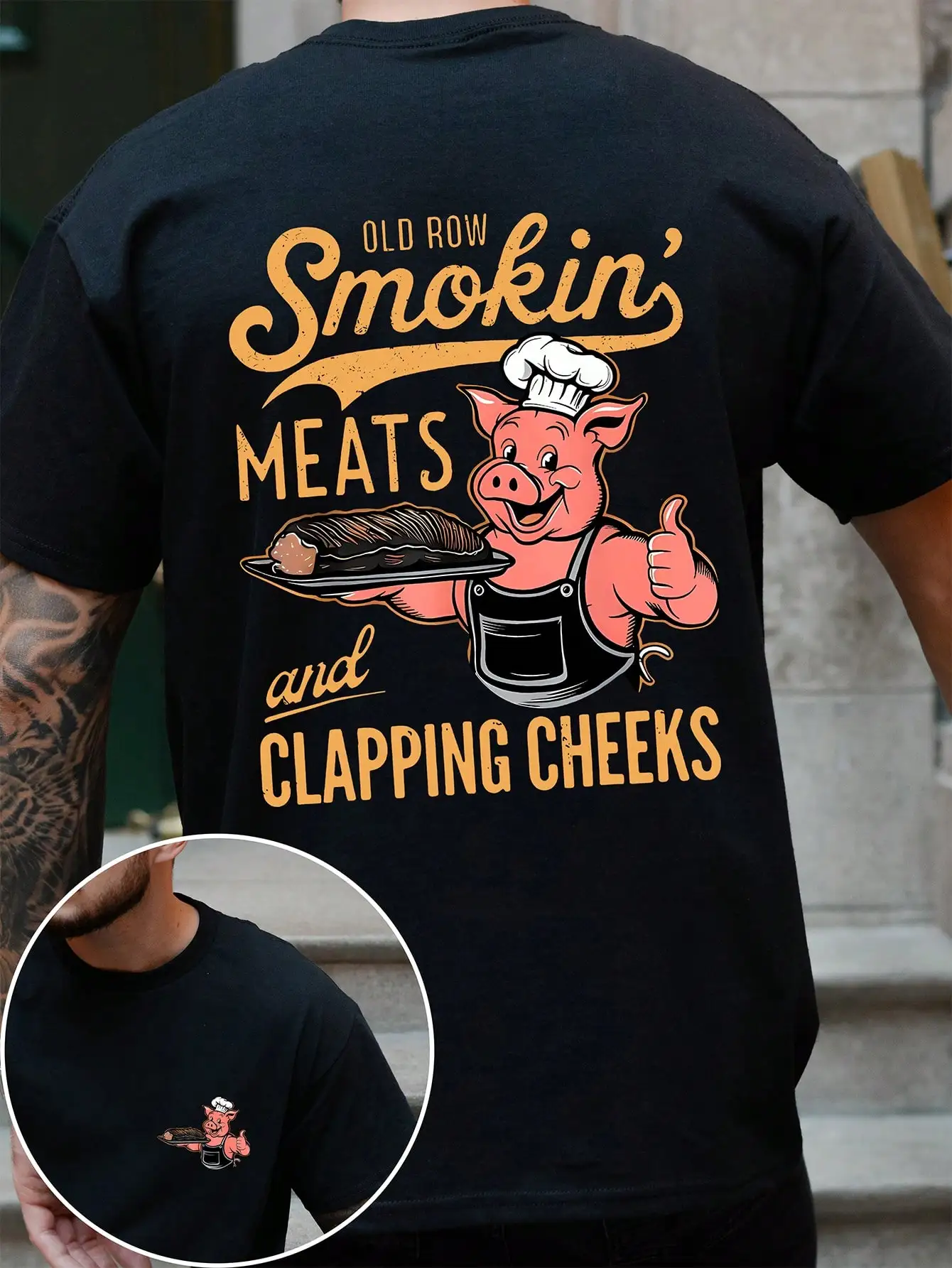 

Мужская черная футболка с графическим принтом Smokin' Meats и дизайном Chef Pig