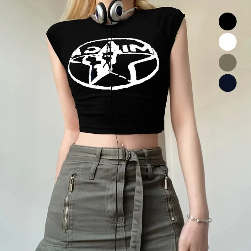 

American Vintage Street Babes Star Print Contrast Base Slim Shoulder Crop Top 2023 Y2k Clothes Tops Women