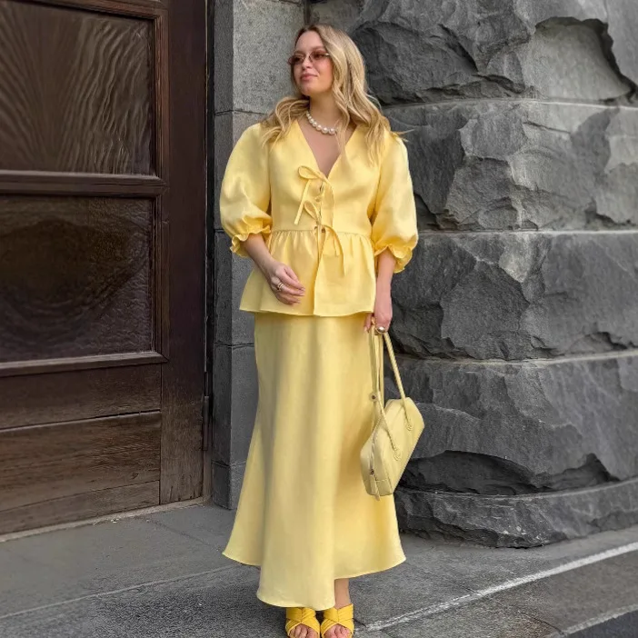 

Two Piece Suit Elegant Fashion Women Long Dress Set Spring V-Neck Lace-up Cardigan Top Casual Skirt Set Ruffle Long Dress