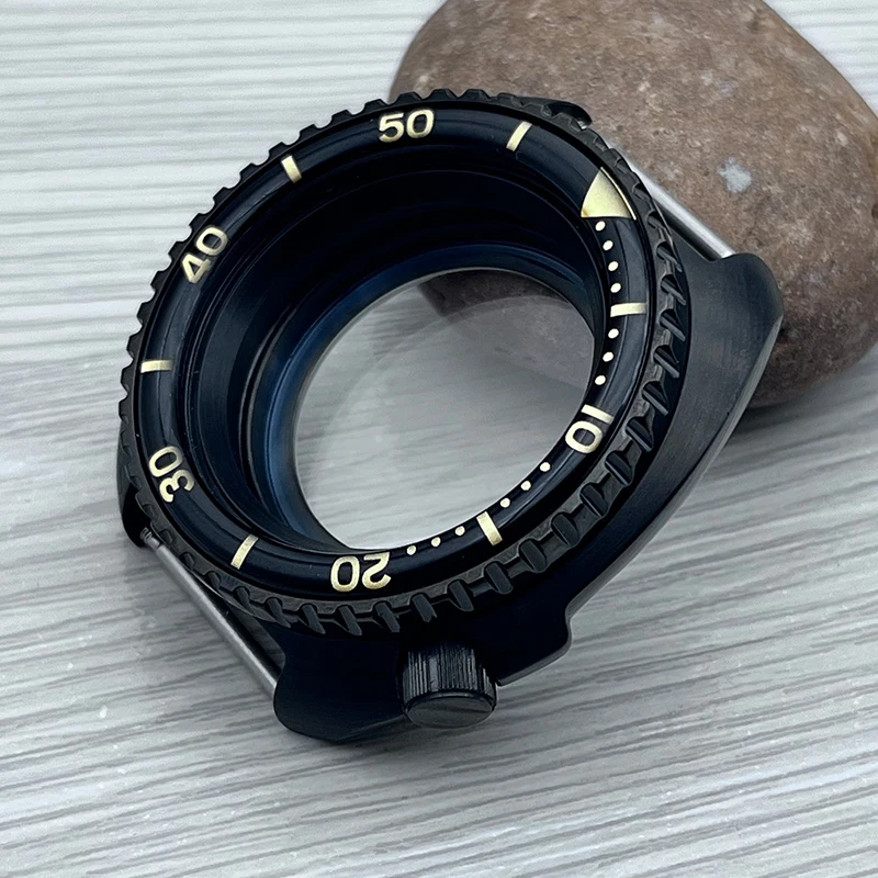 44mm PVD Black Turtle Watch Cases Fashion Bezel Fits Seiko Abalone 6105 6309 For NH35 NH36 Automatic Movement Watch Repair Parts