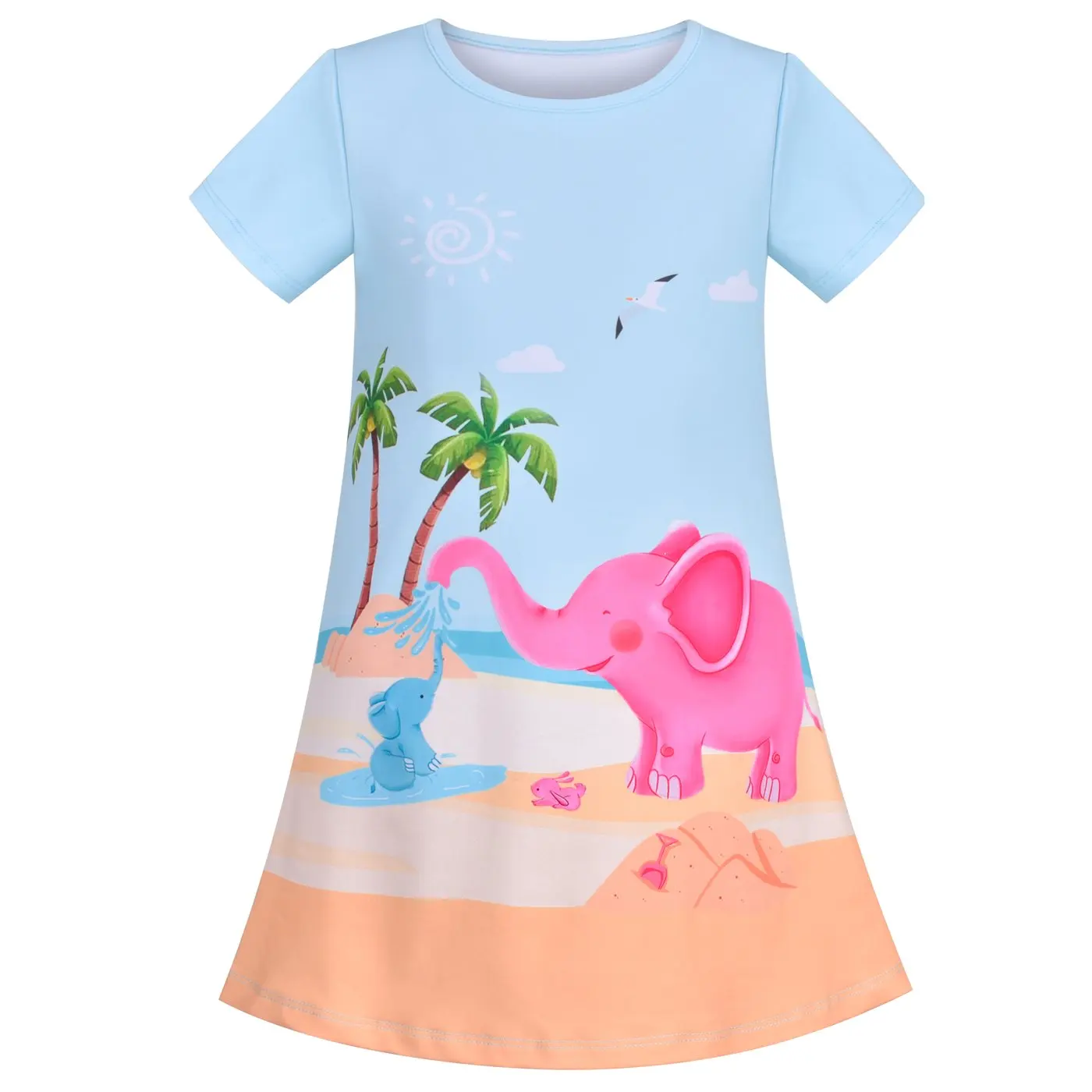Girls Dress Tee Elephant Summer Beach Sand Tropical Coconut Hawaiian