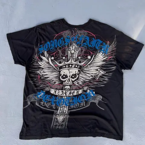 Vintage Xzavier Black T - Shirt with Skull & Cross Graphic, Unique Retro Punk Style Top
