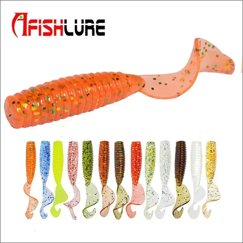 Afishlure Lure Fishing Soft Curly Grubs Tail Plastic Bait Wobblers Maggots Worm Artificial Lure Texas Rig Bass Rock Fishing