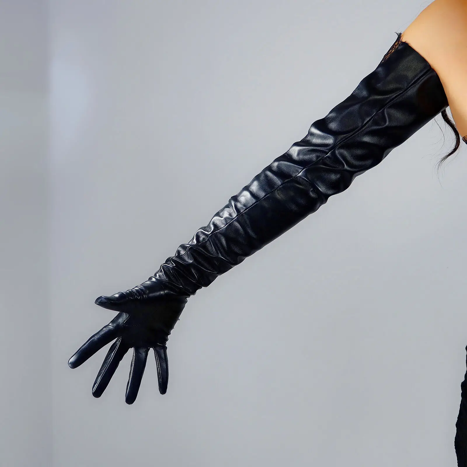 DooWay-guantes largos de cuero para mujer, manoplas de encaje negro de 70cm, suaves, de piel sintética, para boda, fiesta, foto, club nocturno, ópera