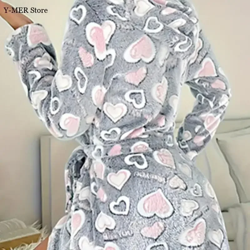

Grey Love Heart Print Kimono Hooded Nightgown Long Sleeve Sleepwear Women Warm Intimate Lingerie Loungewear Nightwear Kimono