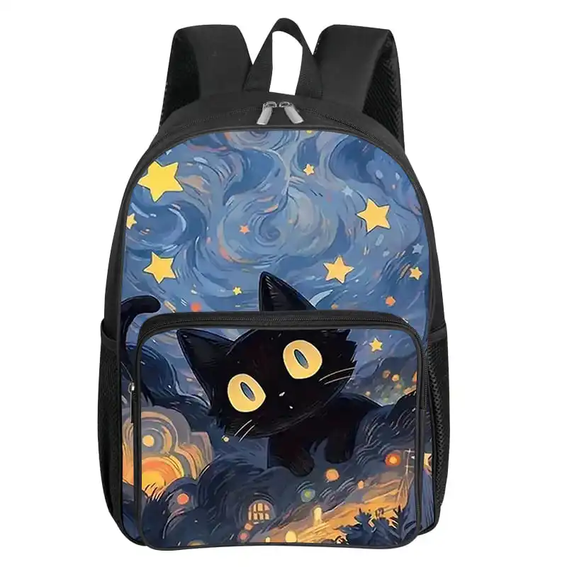 Cute Cat Pattern Square Front Pocket Backpack Zipper Large Capacity for Boys Girls Best Gift 2D Cartoon Children's School Bag