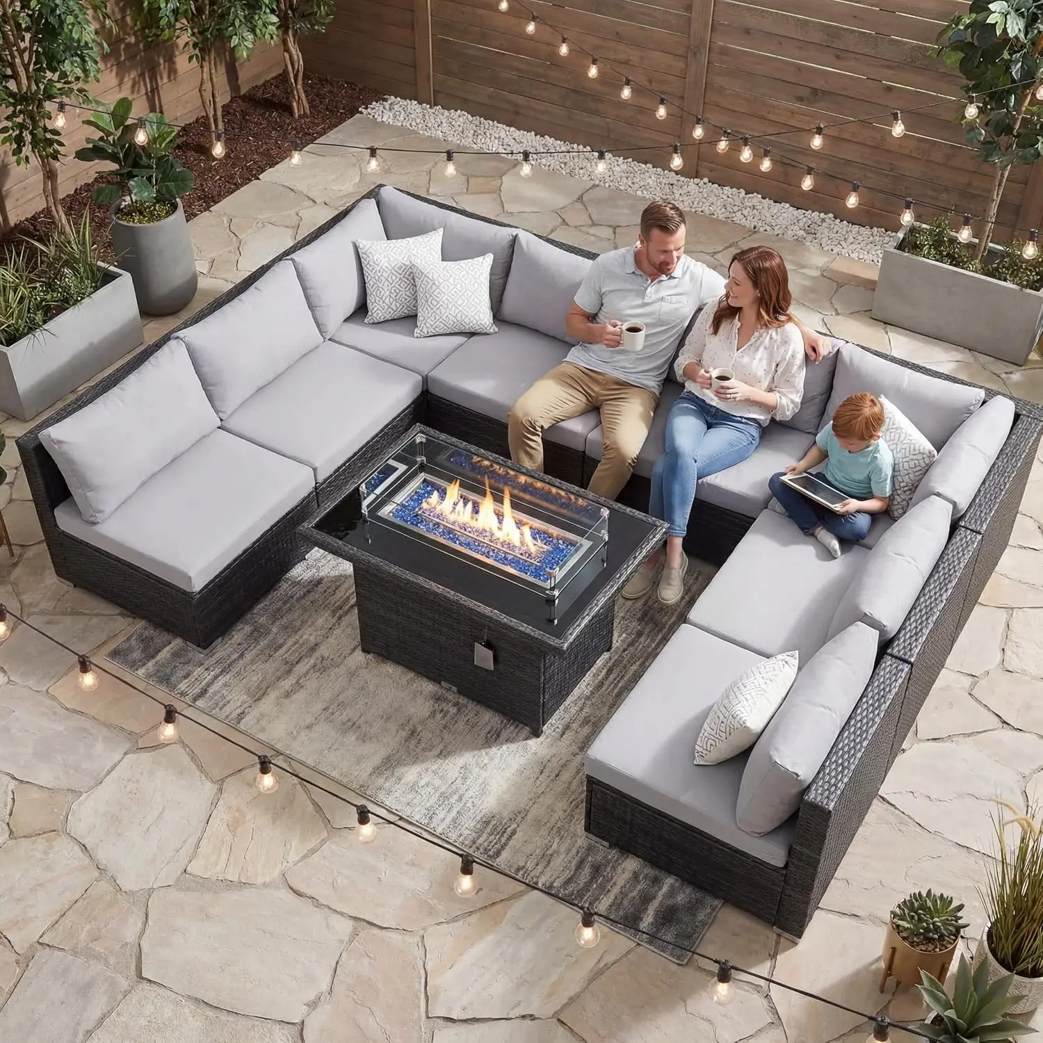 29.3'' High Back Patio Furniture Set with Firepit Gas & Propane, 9 Piece Extra Large Conversation Set with Fire Pit Table,Custom