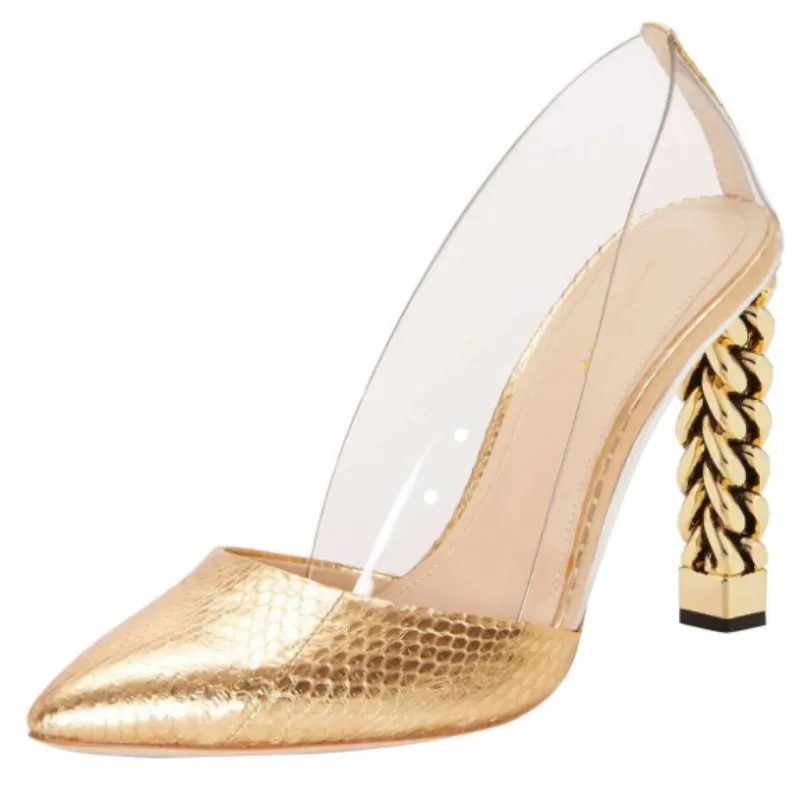 

DIZHUANG Модные женские туфли на высоком каблуке. Одиночные туфли из ПВХ с золотой кожей. Высота каблука около 11 см. Острые туфли. 34-46