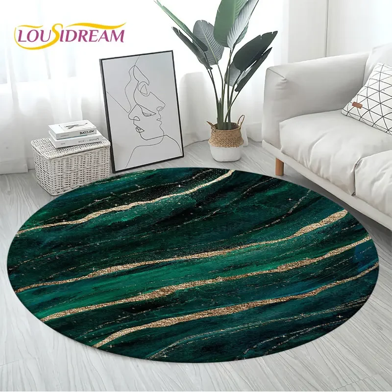 Colour Nordic Green Gold White Marble Round Area Rug,Circle Carpet Rug for Living Room Bedroom Sofa Decor, Floor Mat Kitchen Mat