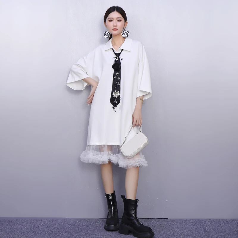 2025年秋新作 エレガントな女性用ルーズメッシュスプライシングTシャツワンピース 女性用長袖ワンピース 卸売 J2039