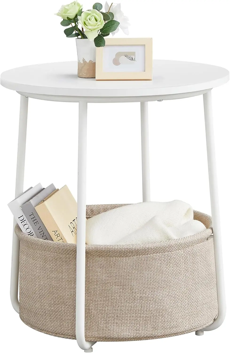 

LILEA Collection - Small Round Side End Table, Modern Nightstand with Fabric Basket, Matte White and Camel Brown ULET223W10