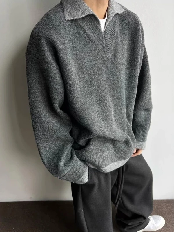 

ay Vintage Knit Sweater Men's Winter Lazy Sle High-End Feeling Old Money V-Ne Base irt Loose Fit Soft Material