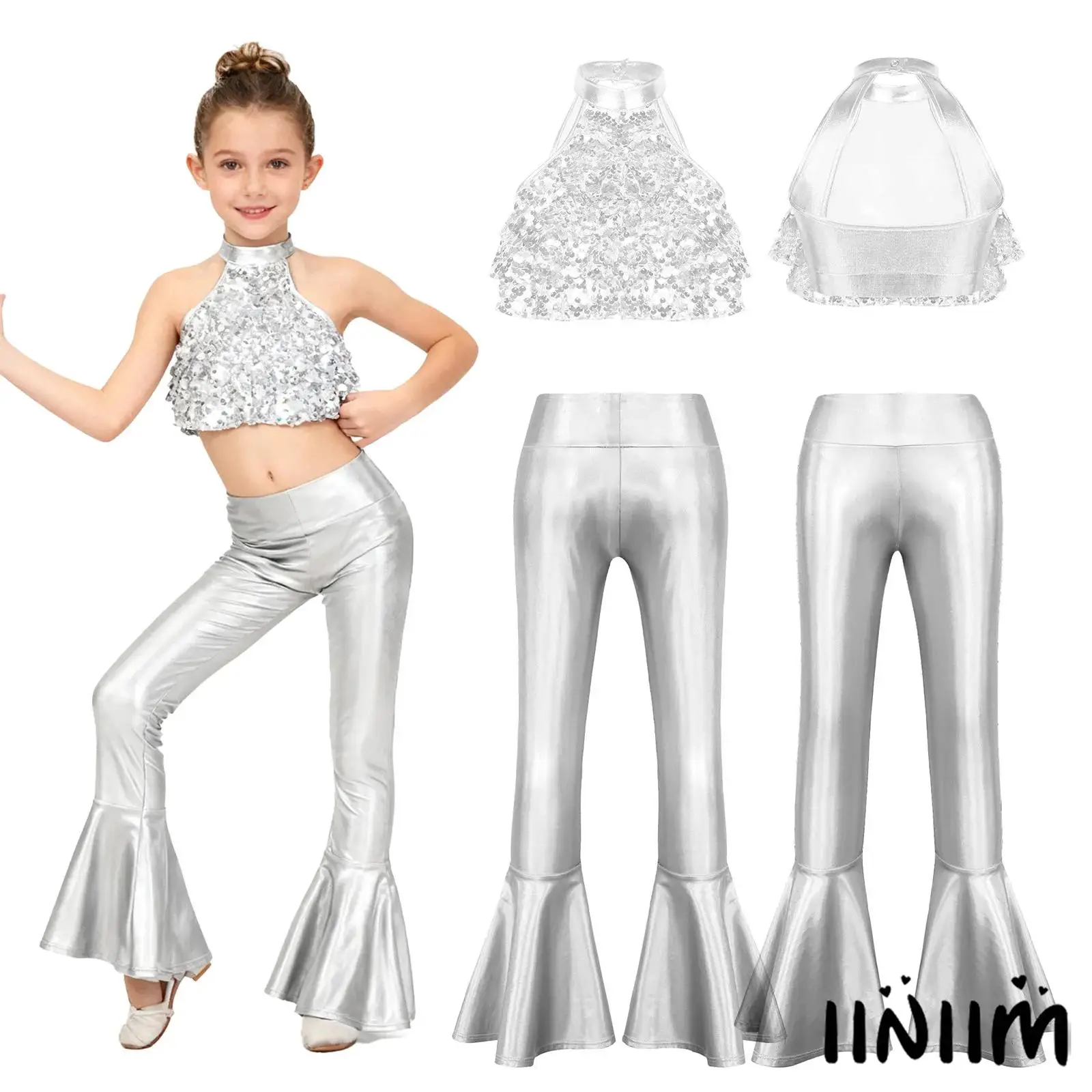 

Костюм для джазовых уличных танцев для девочек: блестящий укороченный топ без рукавов с вырезом на спине и расклешенные брюки для соревнований по чирлидингу